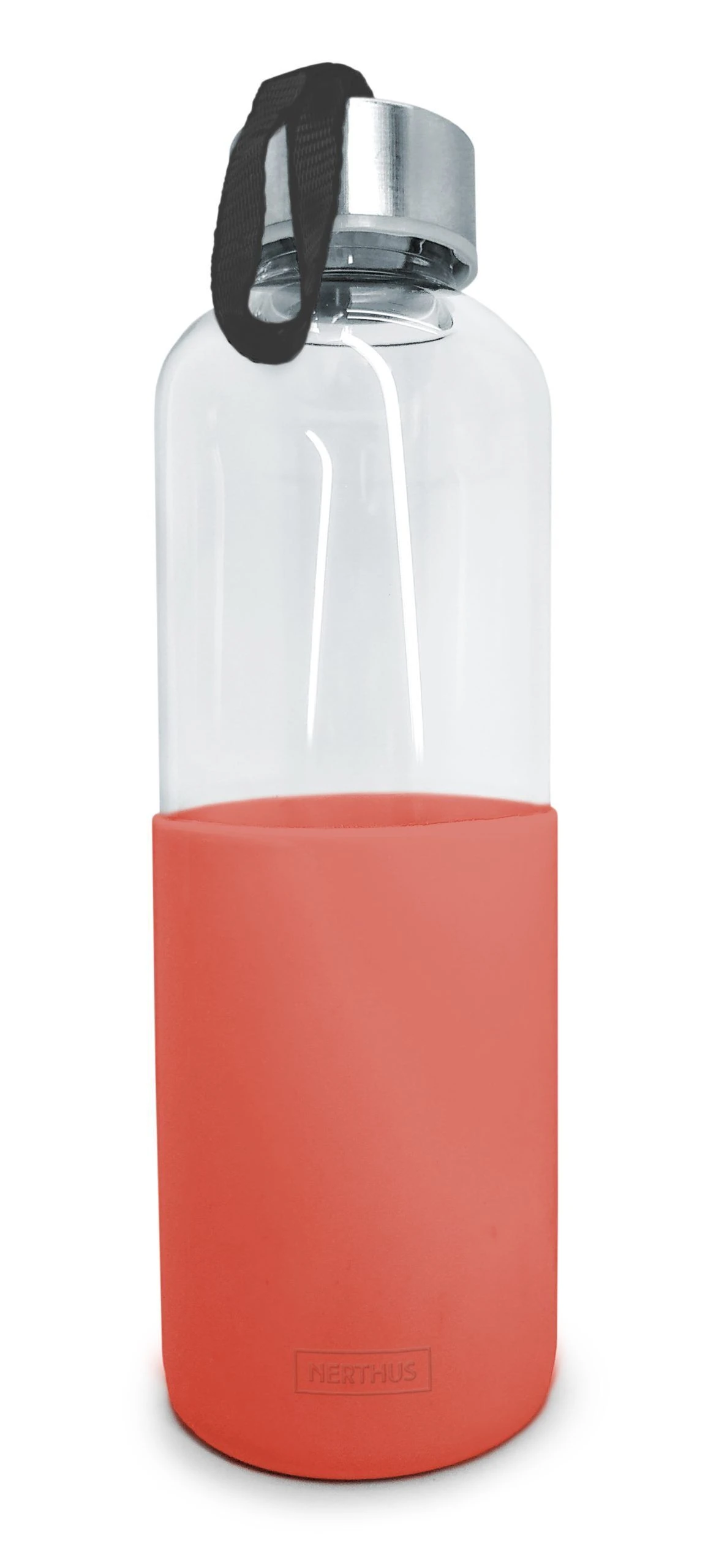 Nerthus Стъклена бутилка за вода със силиконов протектор – 600 мл. – червена