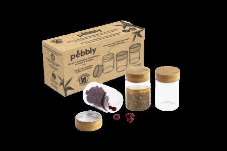<p><strong>PEBBLY Сет от 3 бр. стъклени канистери за съхранение с бамбуков капак - 75 мл.</strong><br /><strong>• Материал:</strong><span> стъкло, бамбук, силикон</span><br /><strong>• Вместимост: </strong>75<span> мл.</span><br /><strong>• Размер на бурканче: </strong>Ø 4,7 х 7,5 см.<strong><br /></strong><strong><strong><strong>• Капакът не е подходящ за съдомиялна машина</strong></strong><br /></strong><strong>Производител: PEBBLY / Франция</strong></p><br />Марка: PEBBLY <br />Модел: PEBBLY PKV030<br />Доставка: 2-4 работни дни<br />Гаранция: 2 години