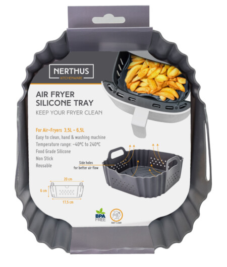 <p><strong>Nerthus Перфорирана силиконова кошница за AIR FRYER</strong><br /><span><strong>Размери: </strong>20.5 х 20.5 х 7 см.</span><br /><span><strong>Тегло: </strong>0,162 кг.</span><br /><span><strong>Материал: </strong>Силикон, подходящ за контакт с храна<br /><strong>Устойчива на температури от -40°С до +240°С</strong><br /></span><strong>Лесна за почистване - ръчно и в съдомиялна</strong><br /><strong>За мнгократна употреба</strong><br /><strong>Производител: Vin Bouquet, Испания</strong></p><br />Марка: Vin Bouquet <br />Модел: VB FIH 1175<br />Доставка: 2-4 работни дни<br />Гаранция: 2 години