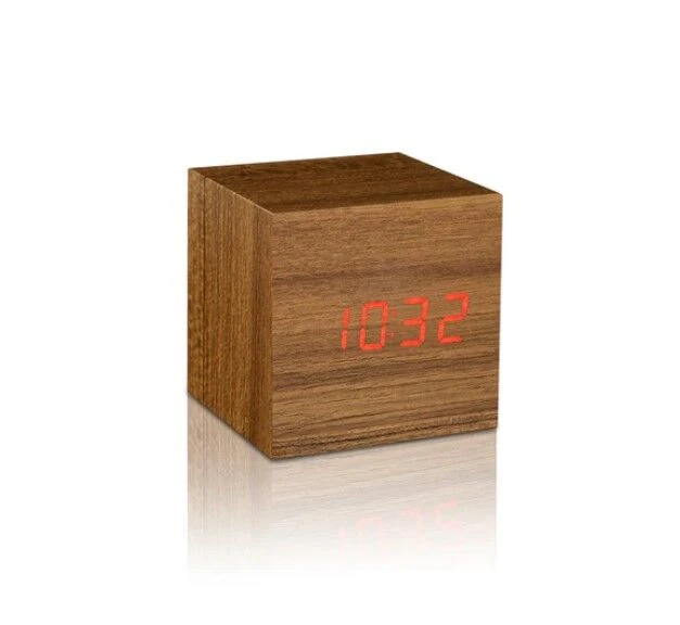 GINGKO Часовник с термометър “CUBE“ - тиково дърво с червени цифри