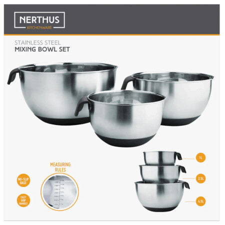 <p><strong>Nerthus Сет стоманени купи за готвене с дръжки</strong><br /><span><strong>• Тегло: </strong>1,260 кг.<br /><strong><strong>• </strong>Размери на опаковката: </strong>24,5 х 24,5 х 28 см.<br /><strong><strong>• </strong>Материал:</strong> неръждаема стомана, силикон<br /><strong><strong>• </strong>Неплъзгаща се основа<br /><strong><strong>• </strong>Подходящи за съдомиялна машина<br />• Комплектът съдържа:<br />  - 1 бр. купа - 4,5 л.<br />  <strong>- 1 бр. купа - 2,5 л.</strong><br />  <strong>- 1 бр. купа - 1 л.<br /></strong></strong></strong></span><strong>Производител: Vin Bouquet, Испания</strong></p><br />Марка: Vin Bouquet <br />Модел: VB FIH 1380<br />Доставка: 2-4 работни дни<br />Гаранция: 2 години