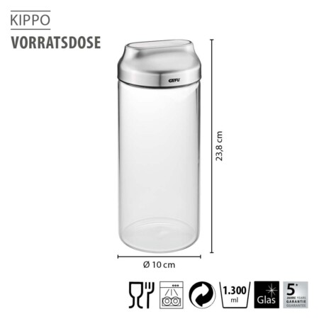 <p><strong>GEFU Стъклен канистер за съхранение “KIPPO“ <br />• Лесно дозиране чрез накланяне<br />• Практичен капак от неръждаема стомана с вграден отвор<br />• С винтов капак за лесно пълнене и почистване<br />• Херметично затваряне, благодарение на силиконовия уплътнител на капака<br />• Бурканът е изработен от висококачествено боросиликатно стъкло</strong><br /><strong>• Вместимост:</strong> 1300 мл<br /> <strong>• Размери:</strong> Ø 10 х 23,8 см<br /><strong>• Тегло: </strong>0,555 кг<br /> <strong>• Материал: </strong>неръждаема стомана, пластмаса, боросиликатно стъкло, силикон <br /> <strong>• Бурканът е подходящ за почистване в съдомиялна машина</strong> <br /><strong>Производител: GEFU / Германия</strong></p><br />Марка: GEFU - GERMANY <br />Модел: GEFU 33742<br />Доставка: 2-4 работни дни<br />Гаранция: 2 години