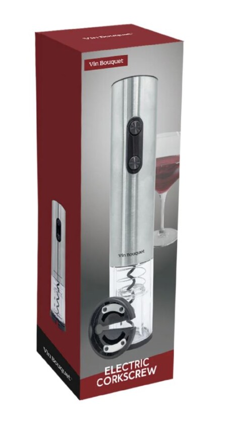 <p><span style="font-size: small;"><strong>Vin Bopuquet Електрически тирбушон<br /></strong></span><strong>• Размери на опаковката: </strong>10 x 32 x 9 см.<br /><strong>• Тегло:</strong> 0,365 кг.<br /><strong>• Консуматив:</strong> 4 бр. батерии, размер АА<br /><strong>Комплектът съдържа:<br /></strong> - Тирбушон<br /> - Резачка за фолио<br /><strong>Производител: Vin Bouquet, Испания</strong></p><br />Марка: Vin Bouquet <br />Модел: VB FID 469<br />Доставка: 2-4 работни дни<br />Гаранция: 2 години