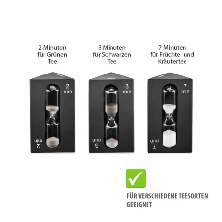 <p><strong>GEFU Троен таймер за чай “SANDO“</strong><br />• <strong>Материал:</strong> боросиликатно стъкло, синтетична смола<br />• <strong>Подходящ за различни видове чай</strong><br />• <strong>2 минути за зелен чай<br />• 3 минути за черен чай<br />• 7 минути за плодов и билков чай<br />• Цветово разграничение за различните минути<br />• Без захранване и батерии<br />• Подходящ и като таймер за варене на яйца<br />• Размери: </strong>6 х 6,1 х 10,1 см<strong><br />• Тегло: </strong>0,136 кг<strong><br />• НЕ Е ПОДХОДЯЩ за съдомиялна машина<br /></strong><strong>Производител: GEFU / Германия</strong></p><br />Марка: GEFU - GERMANY <br />Модел: GEFU 12325<br />Доставка: 2-4 работни дни<br />Гаранция: 2 години