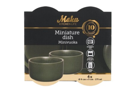 <p><strong>MAKU Комплект керамични купички за суфле / крем брюле - 4 бр. 175 мл. - зелени</strong><br /><strong>• Материал:</strong><span> каменин<br /><strong>• Цвят:</strong> зелен</span><br /><strong>• Размер на 1 бр купичка:</strong><span> 9 х 9 х 5 см. (ДхШхВ)<br /><strong>• Вместимост на 1 бр купичка</strong>: 0,175 л<br /><strong>• Размер на опаковката (4 бр купички): </strong>20 х 19 х 5,5 см<br /></span><strong>• Тегло с опаковката: </strong><span>0,720 кг.<br /><strong>• Топлоустойчивост:</strong> до 220° С<br /><strong>• Подходящи за фурна и микровълнова</strong><br /><strong>• Подходящи за съдомиялна машина<br /></strong></span><strong>Производител: Tammer Brands/ Финландия</strong></p><br />Марка: MAKU <br />Модел: TB MAKU 651772<br />Доставка: 2-4 работни дни<br />Гаранция: 2 години