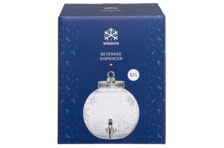 <p><strong>WINTERIA Коледен диспенсър за напитки </strong><br /><strong>• Материал:</strong><span> стъкло</span><br /><strong>• Размери:</strong><span> 24 х 24 х 28 см.<br /></span><strong>• Тегло: </strong><span>2,04 кг.<br /><strong>• Вместимост:</strong> 5,7 л<br /><strong>• С канелка</strong><br /><strong>• С формата на коледна топка<br /></strong></span><strong>Производител: Tammer Brands/ Финландия</strong></p><br />Марка: WINTERIA <br />Модел: TB Winteria 639981<br />Доставка: 2-4 работни дни<br />Гаранция: 2 години
