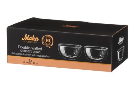<p><strong>MAKU Комплект от 2бр оребрени двустенни купи - Ø10 см.</strong><br /><strong>• Материал:</strong><span> боросиликатно стъкло<br /><strong>• С двойни стени, вътрешната е оребрена<br />• Размер на 1 бр купичка: </strong>Ø 10 см<strong><br />• Вместимост на 1 бр купичка: </strong>220 мл</span><br /><strong>• Размери на опаковката:</strong><span> 22 х 11,5 х 7 см.<br /></span><strong>• Тегло: </strong><span>0,230 кг.<br /><strong>• Не са подходящи за микровълнова фурна</strong><br /><strong>• Не са подходящи за съдомиялна машина<br /></strong></span><strong>Производител: Tammer Brands/ Финландия</strong></p><br />Марка: MAKU <br />Модел: TB MAKU 651953<br />Доставка: 2-4 работни дни<br />Гаранция: 2 години