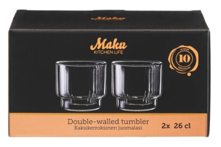 <p><strong>MAKU Комплект от 2бр оребрени двустенни чаши - 260мл.</strong><br /><strong>• Материал:</strong><span> боросиликатно стъкло<br /><strong>• С двойни стени, вътрешната е оребрена</strong></span><br /><strong>• Размери на опаковката:</strong><span> 19 х 10 х 10,5 см.<br /></span><strong>• Тегло: </strong><span>0,390 кг.<br /><strong>• Вместимост на 1 бр чаша:</strong> 0,260 л.<br /><strong>• Не са подходящи за съдомиялна машина<br /></strong></span><strong>Производител: Tammer Brands/ Финландия</strong></p><br />Марка: MAKU <br />Модел: TB MAKU 651979<br />Доставка: 2-4 работни дни<br />Гаранция: 2 години