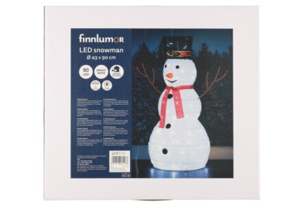 <p><strong>FINNLUMOR Светещ “Снежен човек“, 90см </strong><br /><strong>• Подходящ за открито и закрито<br />• С 80 LED бели светодиода (8бр мигащи)<br />• Размери:</strong><span> 43</span><span> х 43 x 90 см.<br /><strong>• Тегло: </strong>1,04 кг.<br /><span><strong>• Материал:</strong> акрил, полиестер, желязо, мед<strong><br />• Захранване: <br />   input: 220-240V, 50-60Hz <br />   output: 4,5V 50Hz 1,35W <br />• Захранващ кабел:</strong> 5 метра<br /><strong>• Защита:</strong> IP44<br /></span></span><strong>Производител: Tammer Brands/ Финландия</strong></p><br />Марка: FINNLUMOR <br />Модел: TB Finnlumor 608228<br />Доставка: 2-4 работни дни<br />Гаранция: 2 години