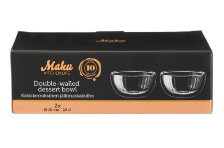<p><strong>MAKU Комплект от 2бр оребрени двустенни купи - Ø10 см.</strong><br /><strong>• Материал:</strong><span> боросиликатно стъкло<br /><strong>• С двойни стени, вътрешната е оребрена<br />• Размер на 1 бр купичка: </strong>Ø 10 см<strong><br />• Вместимост на 1 бр купичка: </strong>220 мл</span><br /><strong>• Размери на опаковката:</strong><span> 22 х 11,5 х 7 см.<br /></span><strong>• Тегло: </strong><span>0,230 кг.<br /><strong>• Не са подходящи за микровълнова фурна</strong><br /><strong>• Не са подходящи за съдомиялна машина<br /></strong></span><strong>Производител: Tammer Brands/ Финландия</strong></p><br />Марка: MAKU <br />Модел: TB MAKU 651953<br />Доставка: 2-4 работни дни<br />Гаранция: 2 години