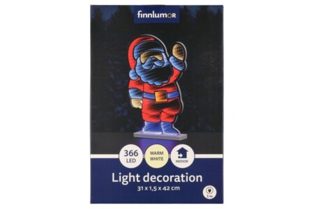 <p><strong>FINNLUMOR Светлинна LED декорация “Дядо Коледа“</strong><br /><strong>• С 366 LED светлини и огледална повърхност<br />• 3D илюзия за дълбочина – създава усещане за обем <br />• Подходящ за вътрешна украса – хол, офис, витрина, детска стая <br />• Енергийно ефективно осветление <br />• Стабилна основа за безопасно поставяне върху маса, шкаф или рафт<br />• Размери:</strong><span> 31</span><span> х 8 x 48 см.<br /><strong>• Тегло: </strong>0,450 кг.<br /><span><strong>• Материал: </strong>пластмаса<br /><strong>• Захранване: </strong>кабел 3 м<br /><strong>• Не е подходящ за ползване на открито</strong><br /></span></span><strong>Производител: Tammer Brands/ Финландия</strong></p><br />Марка: FINNLUMOR <br />Модел: TB Finnlumor 640911<br />Доставка: 2-4 работни дни<br />Гаранция: 2 години
