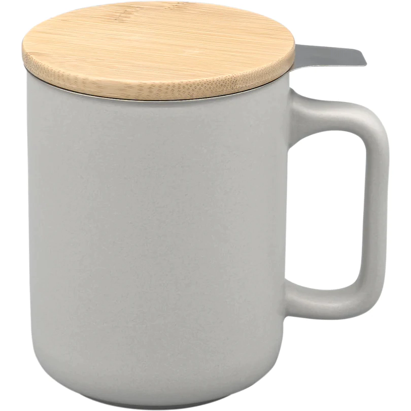 Nerthus Керамична чаша за чай със стоманен филтър и бамбуков капак - 375 мл - сива