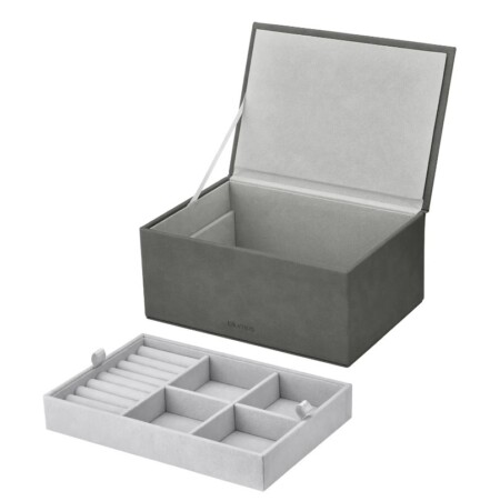 <p><span style="font-size: small;"><strong>BLOMUS Кутия за бижута “SAHLA“, размер L </strong></span><br />• <strong>Размери: </strong>15 х 22 х 9 см<br /><strong>• Подвижно отделение за пръстени, обици и гривни<br />• Сатенирана лента свързваща кутията с капака<br />• Цвят:</strong> сив (Pewter) <br />•<strong> Материал:</strong> изкуствена кожа тип велур<br /><strong>• Производител:</strong> BLOMUS, Германия <br /><em><strong>DESIGN:</strong> <strong>Studio blomus</strong></em></p><br />Марка: BLOMUS <br />Модел: BLOMUS 68325<br />Доставка: 2-4 работни дни<br />Гаранция: 2 години