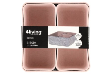 <p><strong>4LIVING Панери за съхранение и организация - 4 бр. различни размери сиво-розови</strong><br /><strong>• Материал: </strong><span>100 % полиестер</span><br /><strong>• Размери на опаковката: </strong><span>25</span><span> х 55 х 10 см.<br /><strong>• Комплектът съдържа:</strong><br /></span><span>  - 1 бр. панер: 25 х 25 х 10 см.</span><strong><br /></strong><span>  - 1 бр. панер: 24 х 12 х 10 см.</span><br /><span>  - 2 бр. 12 х 12 х 10 см. </span><br /><strong>• Цвят: </strong><span>сив/розов</span><br /><strong>• Тегло:</strong><span> 0,450 кг</span><br /><strong>Производител: Tammer Brands/ Финландия</strong></p><br />Марка: 4LIVING <br />Модел: TB 4Living 637398<br />Доставка: 2-4 работни дни<br />Гаранция: 2 години