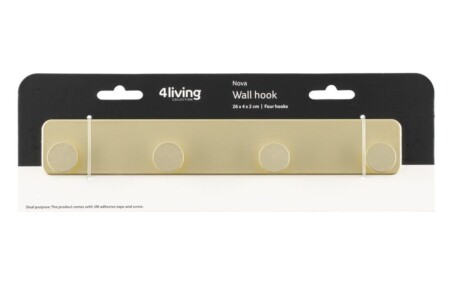<p><strong>4Living Закачалка за стена с 4 бр. закачалки “Nova“ - цвят злато</strong><br /><strong>• Материал: </strong><span>желязо, прахово боядисано</span><br /><strong>• Размери на закачалката: </strong>26<span> х 4 х 2 см.<br /></span><strong>• Размери на опаковката: </strong>30<span> х 2,5 х 10 см.</span><br /><span><strong>• Максимално натоварване</strong>: 2,5 кг.<br /></span><strong>• Цвят:</strong> злато<br /><strong>• Тегло:</strong><span> 0,280 кг<br /></span><span><strong>• Включен комплект за стетен монтаж и лепилна лента 3М</strong></span><br /><strong>Производител: Tammer Brands/ Финландия</strong></p><br />Марка: 4LIVING <br />Модел: TB 4Living 643744<br />Доставка: 2-4 работни дни<br />Гаранция: 2 години