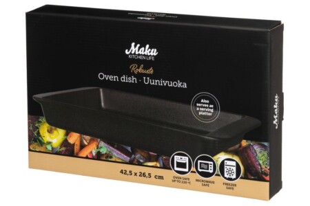 <p><strong>MAKU Керамична тава “Robuste“ - 42,5 х 26,5 см.</strong><br /><strong>• Материал:</strong><span> керамика</span><br /><strong>• Размери:</strong><span> 42,5 х 26,5 x 5 см.<br /></span><strong>• Размери на опаковката:</strong><span> 43 х 7 х 27 см.<br /></span><strong>• Тегло: </strong><span>2,720 кг.<br /><strong>• Тегло с опаковката: </strong>2,940 кг.<br /><strong>• Топлоустойчивост: </strong>до 220° С<br /><strong>• Подходяща за:</strong> фурна, микровълнова печка и съдомиялна машина</span><br /><strong>Производител: Tammer Brands/ Финландия</strong></p><br />Марка: MAKU <br />Модел: TB MAKU 648928<br />Доставка: 2-4 работни дни<br />Гаранция: 2 години