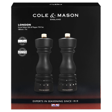 <p><strong>COLE & MASON Комплект мелнички за сол и пипер &ldquo;LONDON&ldquo; - 18 см. - цвят тъмен шоколад - с механизъм за прецизност</strong><br /><strong>&bull; Диаметър:&nbsp;</strong><span>&Oslash; 5,8 см.</span><br /><strong>&bull;&nbsp;Височина:</strong><span>&nbsp;18 см.<br /><strong>&bull; Тегло с опаковката:</strong>&nbsp;0,780 кг.&nbsp;</span><br /><strong>&bull;&nbsp;Материал:</strong><span>&nbsp;буково дърво, стомана, керамика</span><br /><strong>&bull;&nbsp;Механизъм:&nbsp;</strong><span>закалена въглеродна стомана, керамичен механизъм<br /><strong>&bull; Регулиране на едрината на смилане</strong></span><br /><span style="color: #ff0000;"><strong>&bull;&nbsp;Да не се мокри с вода!<br />&bull;</strong></span><span>&nbsp;<strong><span style="color: #ff0000;">Не използвайте мелничките за различни от сол и черен пипер продукти!!!&nbsp;</span><br /><span style="color: #ff0000;"><strong>&bull;&nbsp;Не поставяйте сол в мелницата за пипер, тъй като това ще разяде механизма от въглеродна стомана!</strong></span><br /></strong></span><strong>Производител: Cole&Mason / Англия</strong></p><br />Марка: COLE & MASON <br />Модел: Cole & Mason H 233122<br />Доставка: 2-4 работни дни<br />Гаранция: 2 години