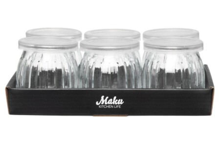 <p><strong>MAKU Сет от 6 бр. стъклени бурканчета за съхранение &ldquo;Ripple&ldquo; - 180 мл.</strong><br /><strong>&bull;&nbsp;Материал:</strong><span>&nbsp;стъкло с пластмасов капак<br /></span><strong>&bull; Размери на 1 бр. бърканче:</strong><span>&nbsp;<span>&Oslash; 7 х 7,5</span>&nbsp;см.<br /></span><strong>&bull; Размер на опаковката:&nbsp;</strong><span>23,5 х 16 х 7,8 см.<br /><strong>&bull; Вместимост на 1 бр. бурканче:</strong> 0,180 л.</span><br /><strong>&bull;&nbsp;Тегло на опаковката:&nbsp;</strong><span>0,890кг.<br /><strong>&bull; Подходящи за съдомиялна машина<br /></strong></span><strong>Производител: Tammer Brands/ Финландия</strong></p><br />Марка: MAKU <br />Модел: TB MAKU 647117<br />Доставка: 2-4 работни дни<br />Гаранция: 2 години