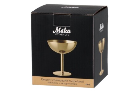 <p><span style="font-size: small;"><strong>MAKU Стоманена чаша за сладолед и десерти - цвят сребро </strong></span><br /><span style="font-size: small;"><strong>&bull;&nbsp;Материал:</strong>&nbsp;неръждаема стомана<br /><strong>&bull; Цвят:</strong>&nbsp;злато<br /><strong>&bull; Вместимост: </strong>150 мл</span><br /><span style="font-size: small;"><strong>&bull; Размери:</strong>&nbsp;10 х 10 х 11 см.<br /><strong>&bull;&nbsp;Тегло:&nbsp;</strong></span><span><span style="font-size: small;">0,100 кг.</span><br /><span style="font-size: small;">&bull;&nbsp;<strong>Подходяща за съдомиялна машина</strong></span><strong><br /></strong></span><strong>Производител: Tammer Brands/ Финландия</strong></p><br />Марка: MAKU <br />Модел: TB MAKU 654611<br />Доставка: 2-4 работни дни<br />Гаранция: 2 години
