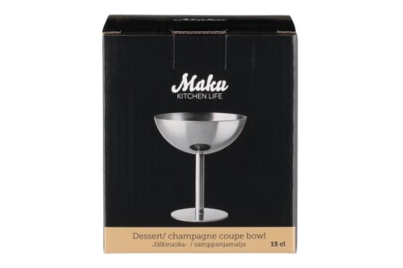 <p><span style="font-size: small;"><strong>MAKU Стоманена чаша за сладолед и десерти - цвят сребро </strong></span><br /><span style="font-size: small;"><strong>&bull;&nbsp;Материал:</strong>&nbsp;неръждаема стомана<br /><strong>&bull; Цвят:</strong>&nbsp;сребро<br /><strong>&bull; Вместимост: </strong>150 мл</span><br /><span style="font-size: small;"><strong>&bull; Размери:</strong>&nbsp;10 х 10 х 11 см.<br /><strong>&bull;&nbsp;Тегло:&nbsp;</strong></span><span><span style="font-size: small;">0,100 кг.</span><br /><span style="font-size: small;">&bull;&nbsp;<strong>Подходяща за съдомиялна машина</strong></span><strong><br /></strong></span><strong>Производител: Tammer Brands/ Финландия</strong></p><br />Марка: MAKU <br />Модел: TB MAKU 654608<br />Доставка: 2-4 работни дни<br />Гаранция: 2 години