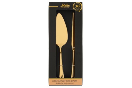 <p><strong>MAKU Комплект прибори за торта - 2 части - цвят злато</strong><br /><strong>&bull;&nbsp;Материал:</strong><span>&nbsp;стомана<br /><strong>&bull; Цвят:</strong>&nbsp;злато</span><br /><strong>&bull; Размери:&nbsp;</strong><span>11,5 х 3,5 х 28,5 см</span><br /><strong>&bull; Тегло:</strong><span>&nbsp;0,150 кг</span><strong><br /></strong><span><strong>&bull; Не са подходящи за съдомиялна машина<br /></strong></span><strong>Производител: Tammer Brands/ Финландия</strong></p><br />Марка: MAKU <br />Модел: TB MAKU 651693<br />Доставка: 2-4 работни дни<br />Гаранция: 2 години