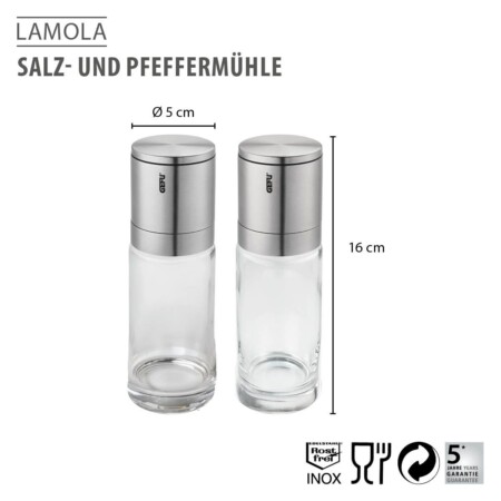 <p><span style="font-size: small;"><strong>GEFU Комплект мелнички за сол или пипер &ldquo;LAMOLA&ldquo;<br /></strong></span>&bull; <strong>Безстепенно регулиране на едрината на смилане<br /></strong>&bull; <strong>Размери на 1 бр:</strong> &Oslash; 5 х 16 см (h)<br /><strong>&bull; Тегло: </strong>0,510 кг<br /><strong>&bull; Керамичен смилащ механизъм<br />&bull; Материал: </strong>неръждаема стомана, пластмаса, стъкло<br /><strong>&bull; Не са подходящи за съдомиялна машина</strong><br /><strong>&nbsp;</strong><strong>Производител: GEFU / Германия</strong></p><br />Марка: GEFU - GERMANY <br />Модел: GEFU 89578<br />Доставка: 2-4 работни дни<br />Гаранция: 2 години